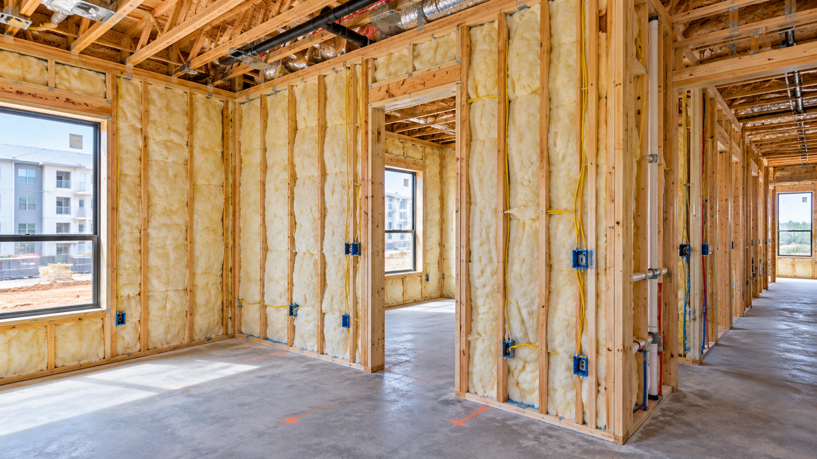 Insulated wall framing ready for pre-drywall inspection on a multifamily project