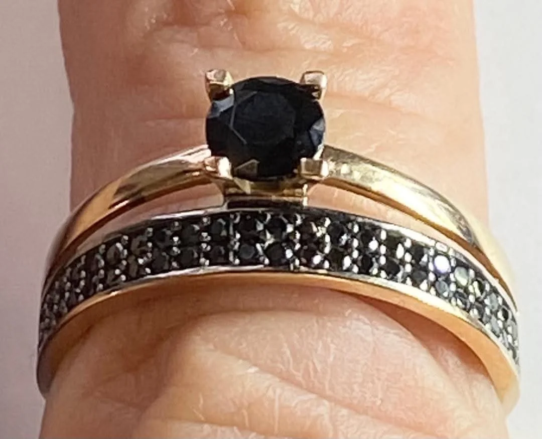 14ct ROSE GOLD & BLACK DIAMOND RING BRIDAL SET - SIZE R