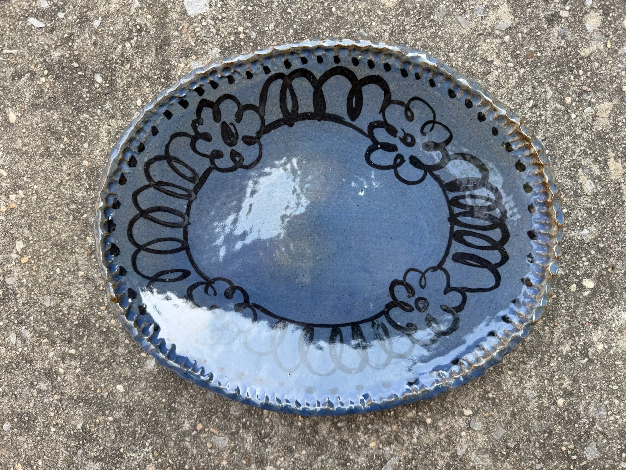 Blue Serving Platter with Black Flowers