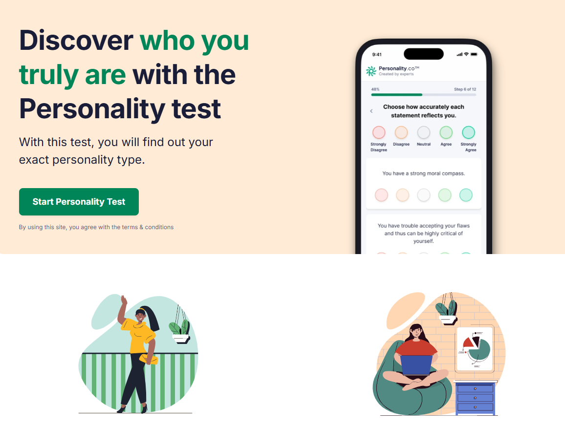 A webpage displaying a personality test promotion, with a smartphone showing the test interface, and two illustrations of women, one standing and waving, and the other sitting on a bean bag with a laptop.