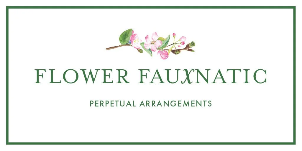 "Flower Fauxnatic: Perpetual Arrangements" with an illustration of a pink flowering branch at the top.