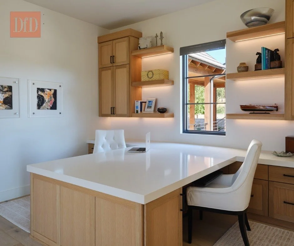 Light wood cabinetry, under-shelf lighting, a generous partners desk surface, and just enough natural light to keep the inspiration flowing all day long. 💻

@bootranchtx
Photo: @andreacalo
Architect: #pollardhodgsonarchitects
Builder: @centurioncust