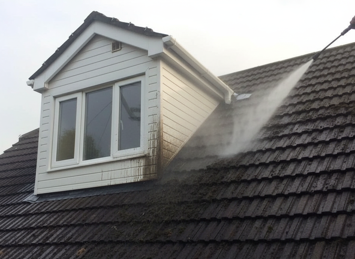 Cleaning dark roof shingles with a pressure washer, showing a small dormer with white siding and windows.