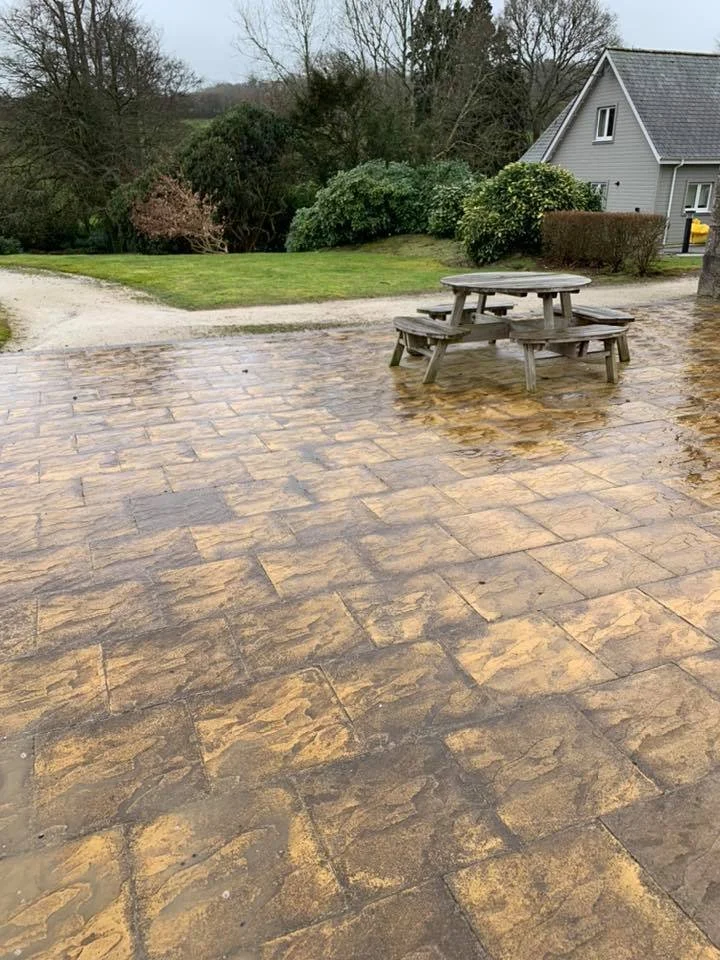 A wet stone patio with a wooden picnic table, surrounded by grass, bushes, and trees in a suburban yard with a house in the background.