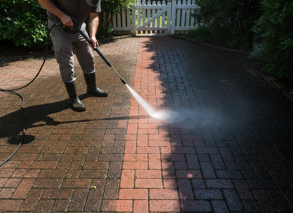 A person in gray pants and black rubber boots is pressure washing a brick driveway, with a white picket fence and green bushes in the background.