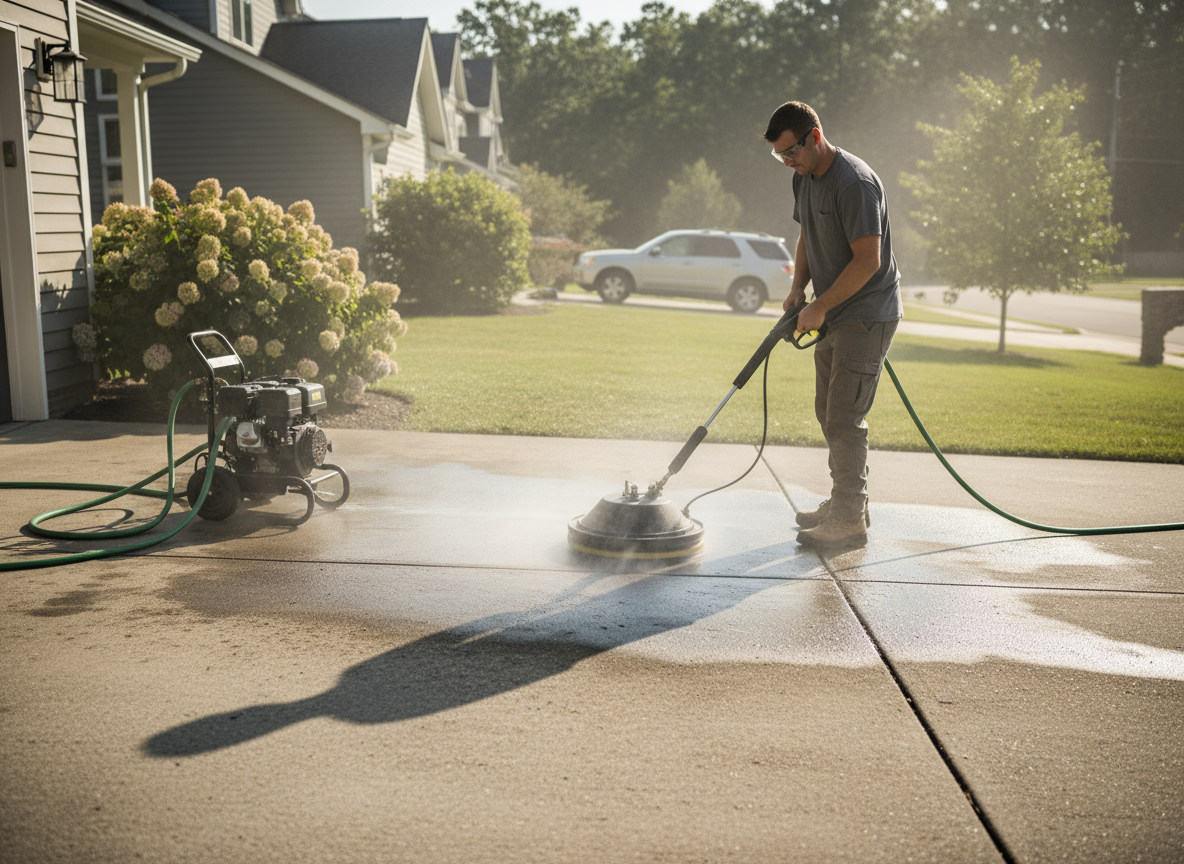 A man pressure washing a concrete driveway outdoors in a residential neighborhood during daytime.