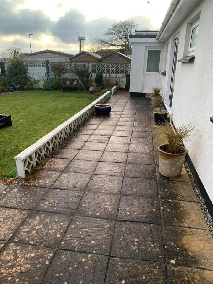 A wet outdoor patio with paving stones beside a white residential building, lined with potted plants on the right and a yard with grass and garden structures on the left.