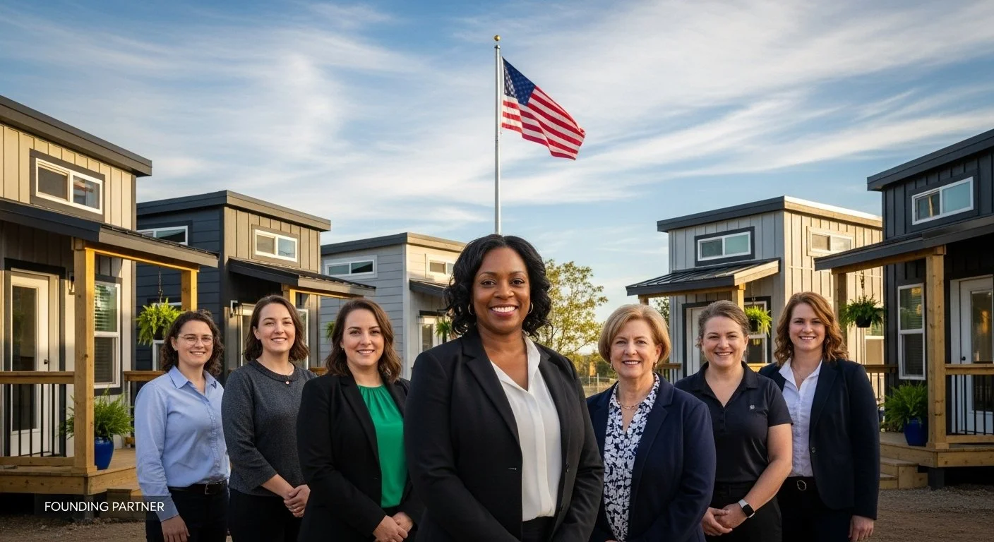 A group of seven women standing outside in front of modern townhouses, with an American flag waving in the background. One woman in the center is labeled as founding partner.