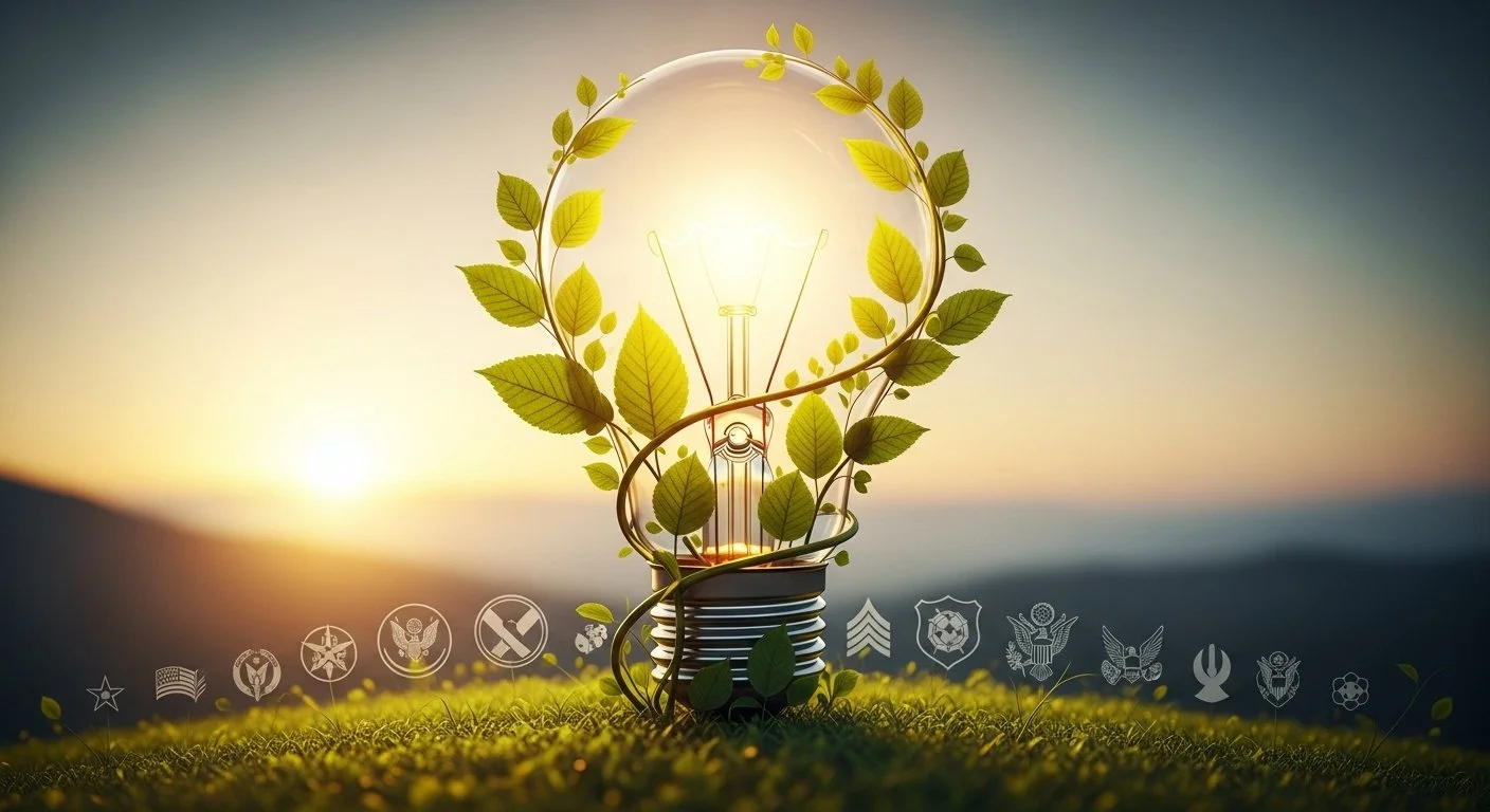 Light bulb wrapped with a vine and leaves, illuminated by sunlight, with a grassy background and martial arts badges at the bottom.