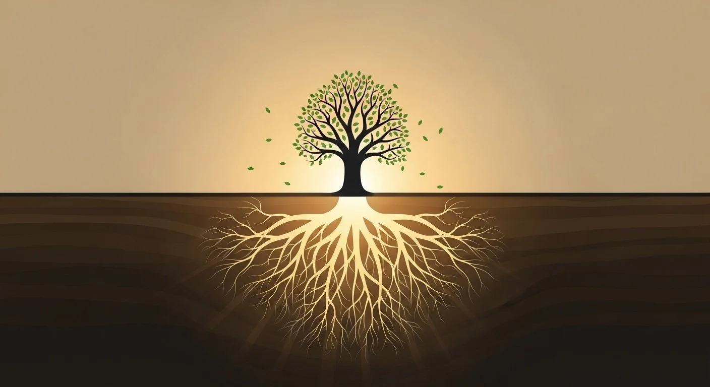 A digital illustration of a tree with green leaves, with roots extending deep underground, illuminated by a soft light from behind.