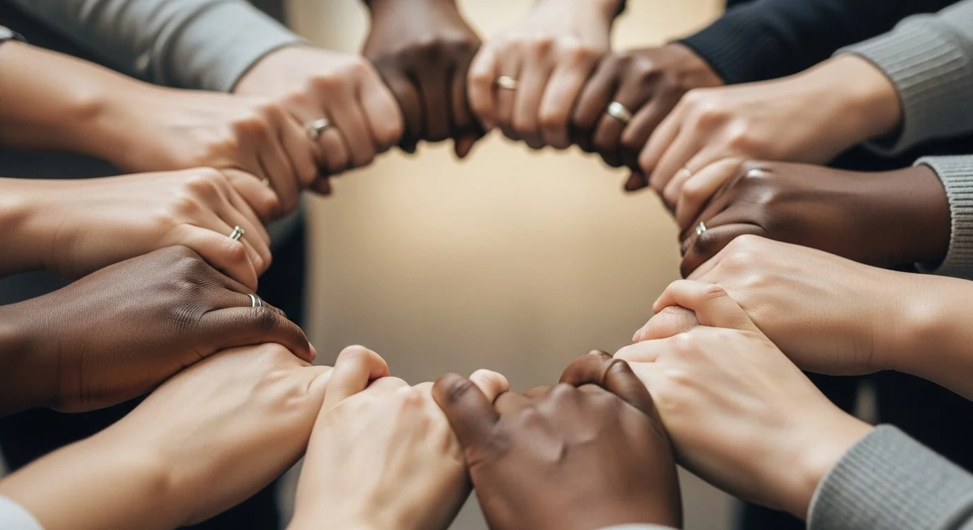 Multiple hands of diverse skin tones forming a circle, with fingers intertwined, symbolizing unity and teamwork.