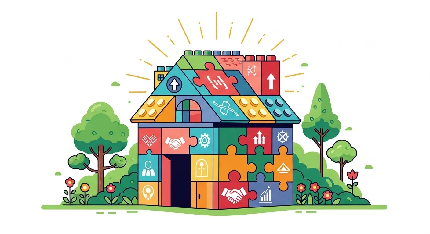 Colorful house built from puzzle pieces with icons of teamwork, growth, communication, and success, set in a garden with trees and flowers.