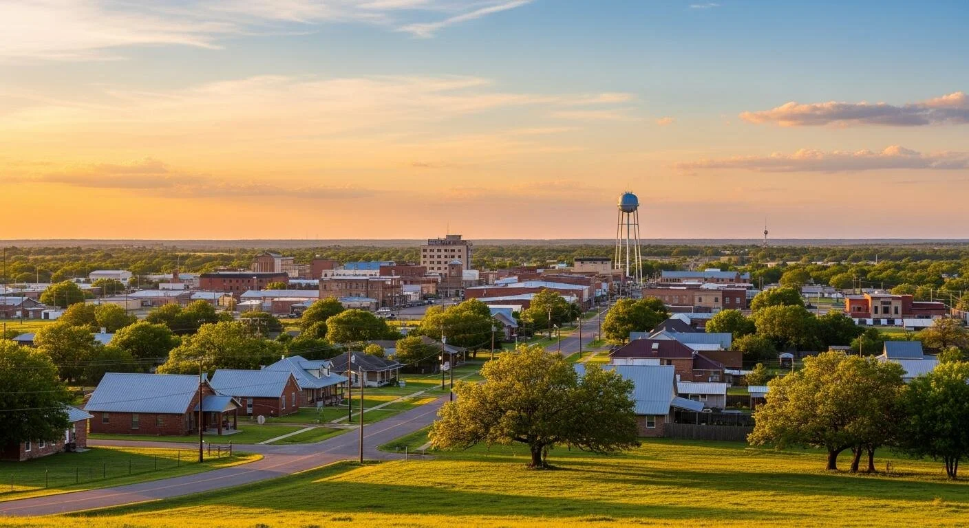 Robinson, Texas neighborhood and water tower at sunset