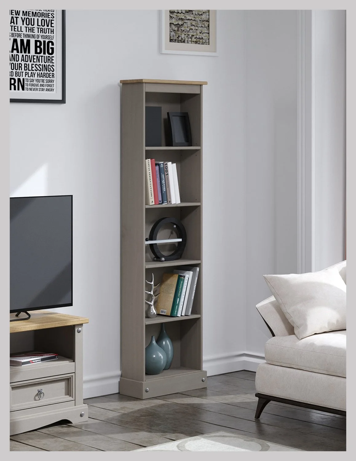 Premium Corona Greywash & Pine Tall Narrow Bookcase