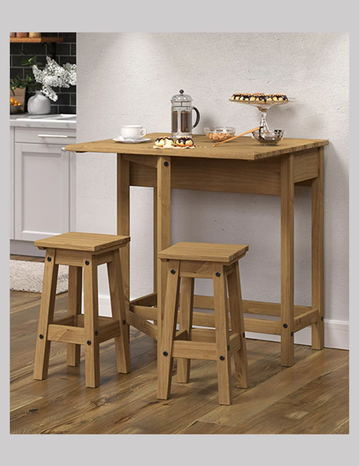 Premium Corona Pine Breakfast Drop Leaf Table & 2 Stools Set