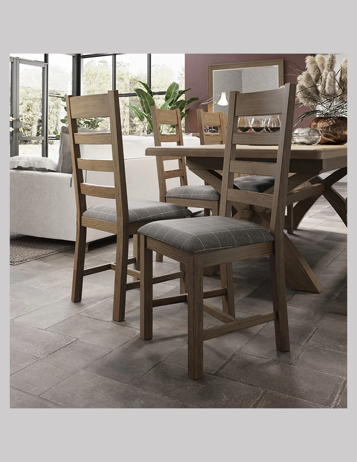 Pair of Homestead Smoked Oak Slat Back Dining Chairs with Upholstered Seats