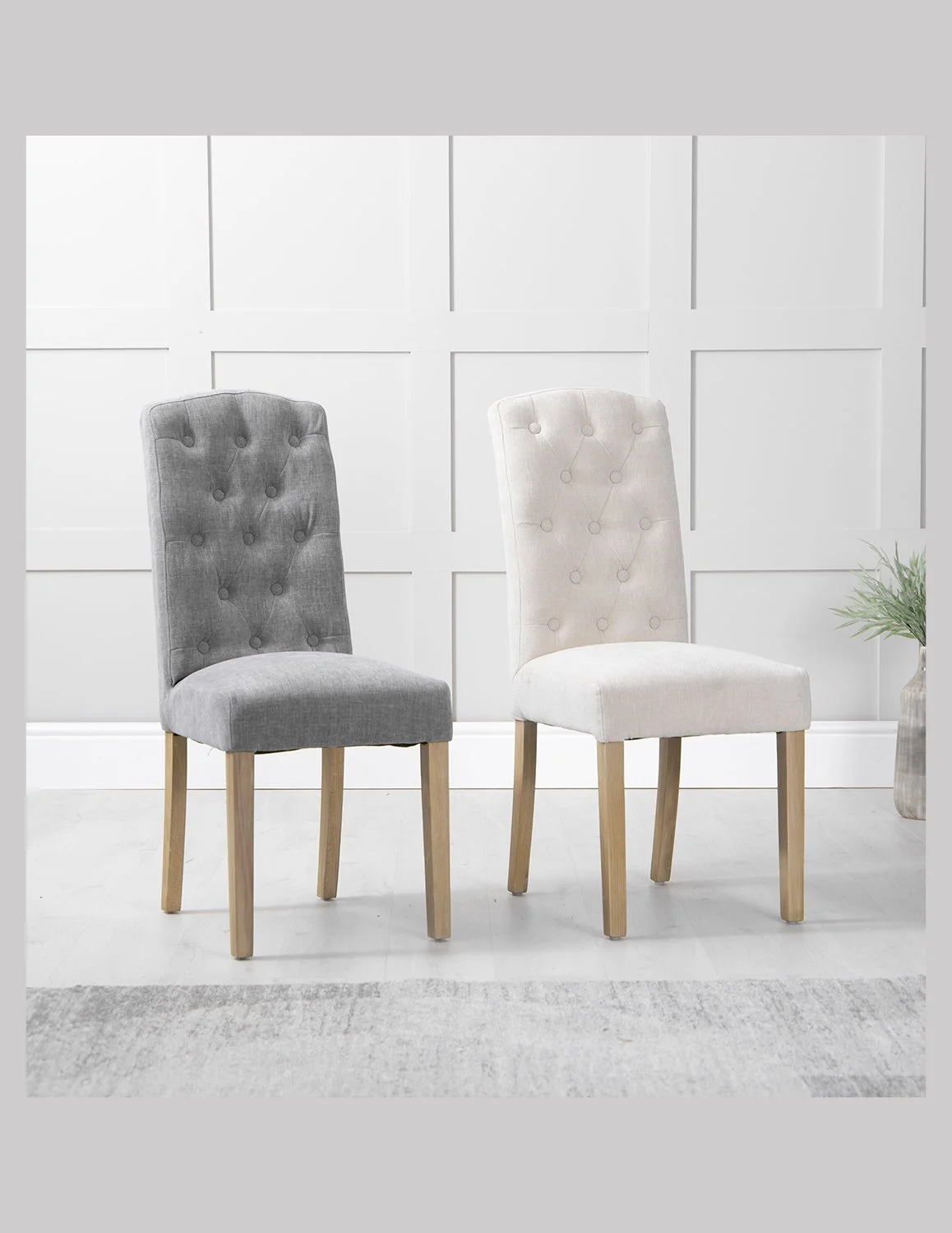 Pair of Button Back Upholstered Dining Chairs in Grey or Natural