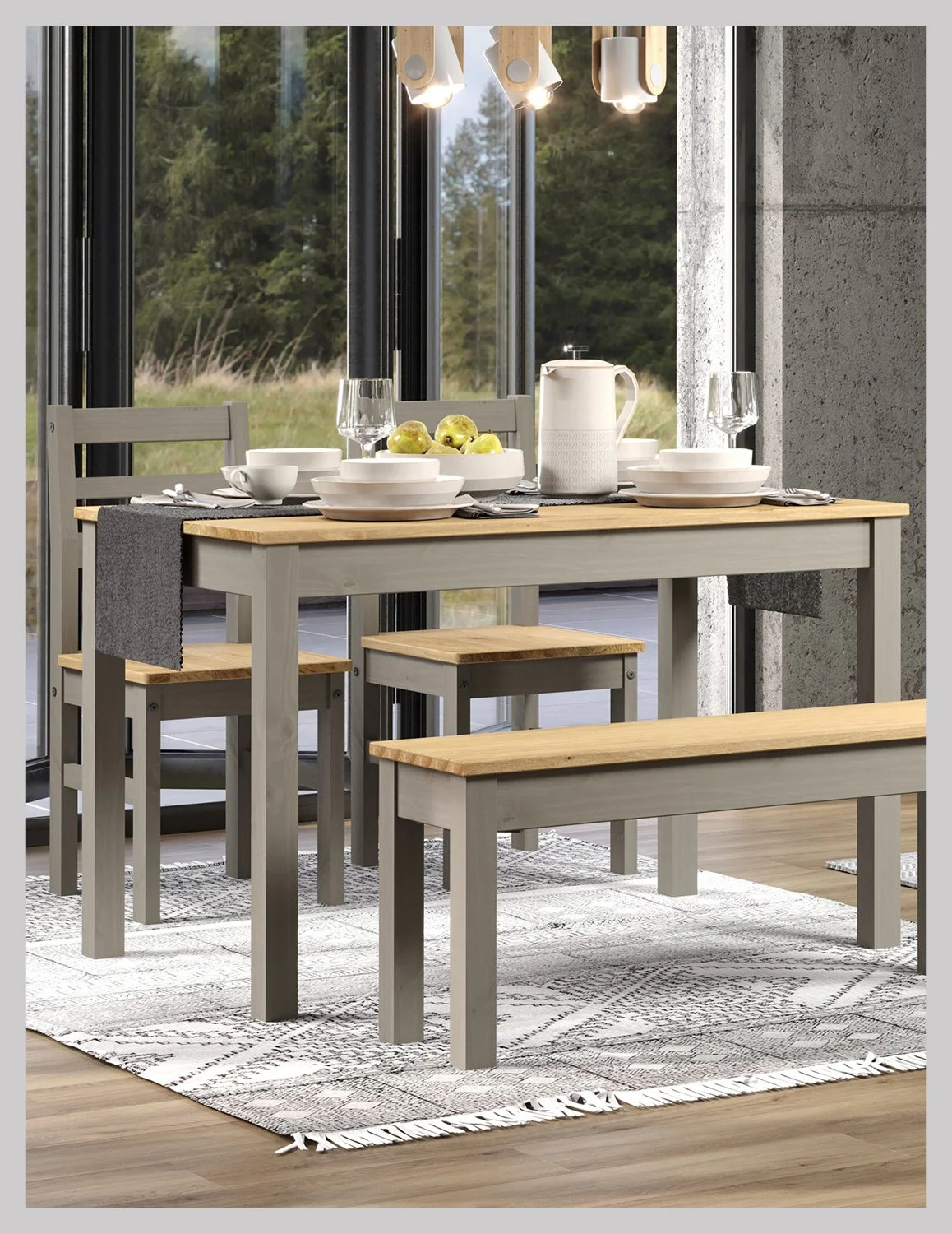 Premium Corona Greywash & Pine Small Linea Dining Table, Bench & Chair Sets