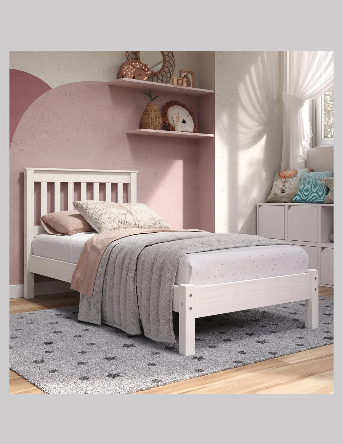 Premium Corona Whitewash & Pine Low Foot End Bed Frame with Slatted Headboard
