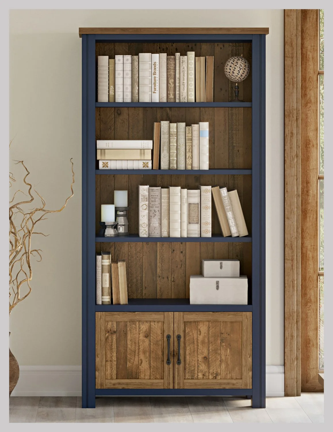 Pinewood Blue Tall Open Bookcase with Doors