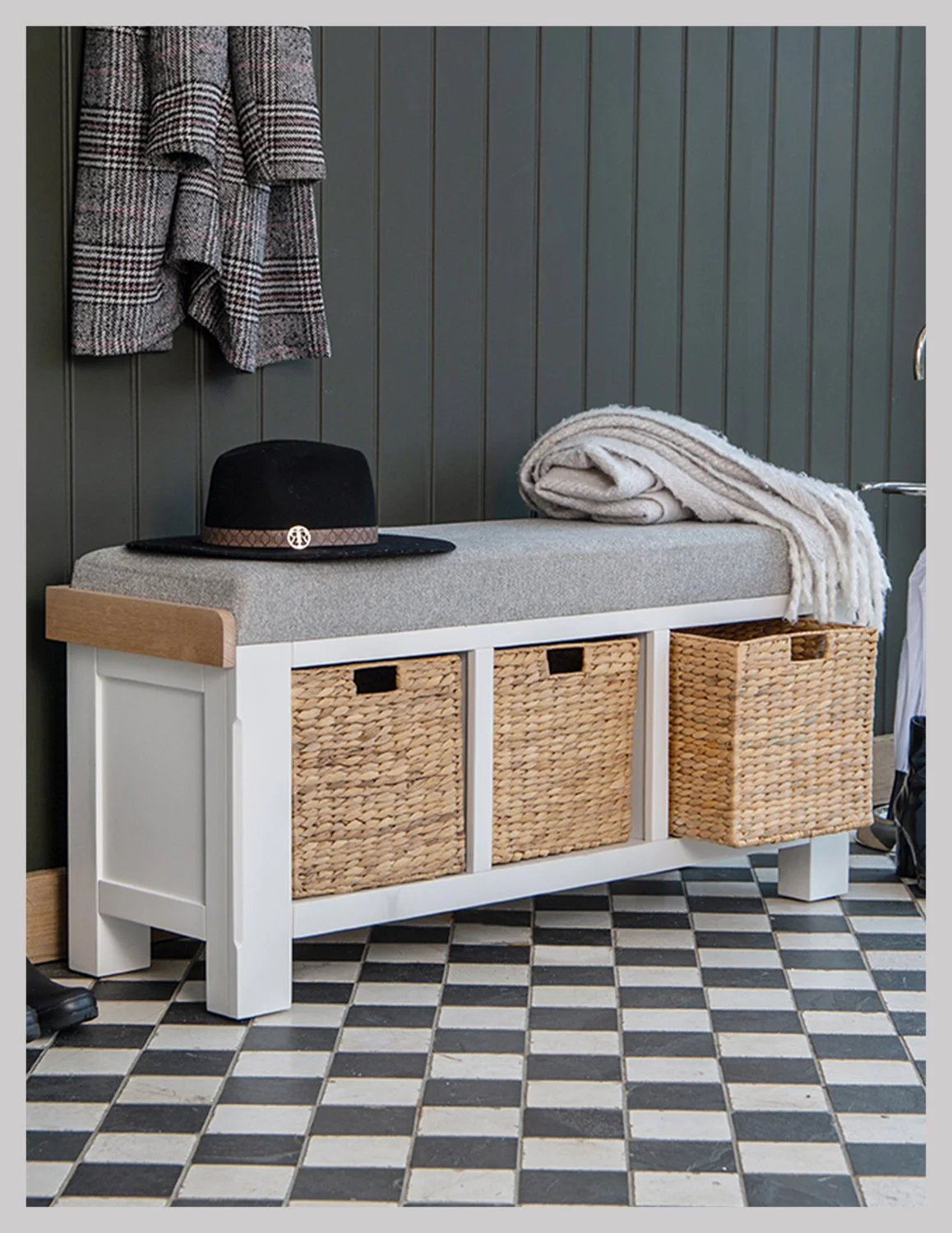Claremont Hall Bench with Upholstered Seat and 3 Wicker Drawers