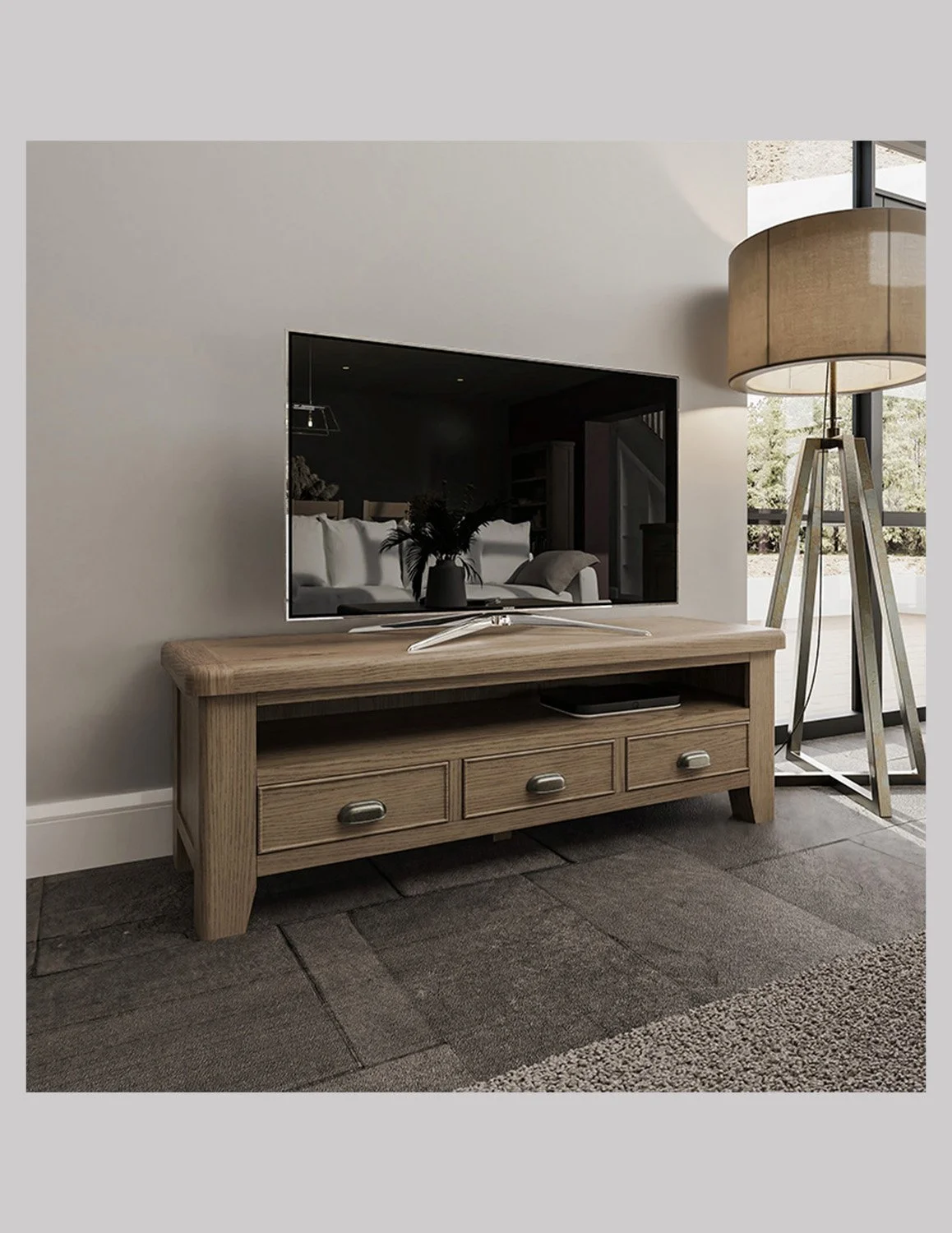 Homestead Smoked Oak Large 3 Drawer TV Unit with Open Shelf