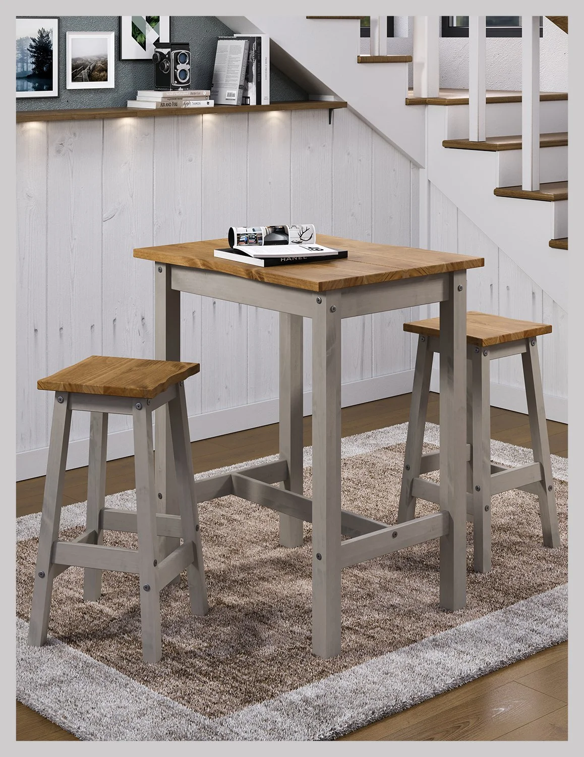 Premium Corona Greywash & Pine Live Edge High Breakfast Table & Bar Stool Sets