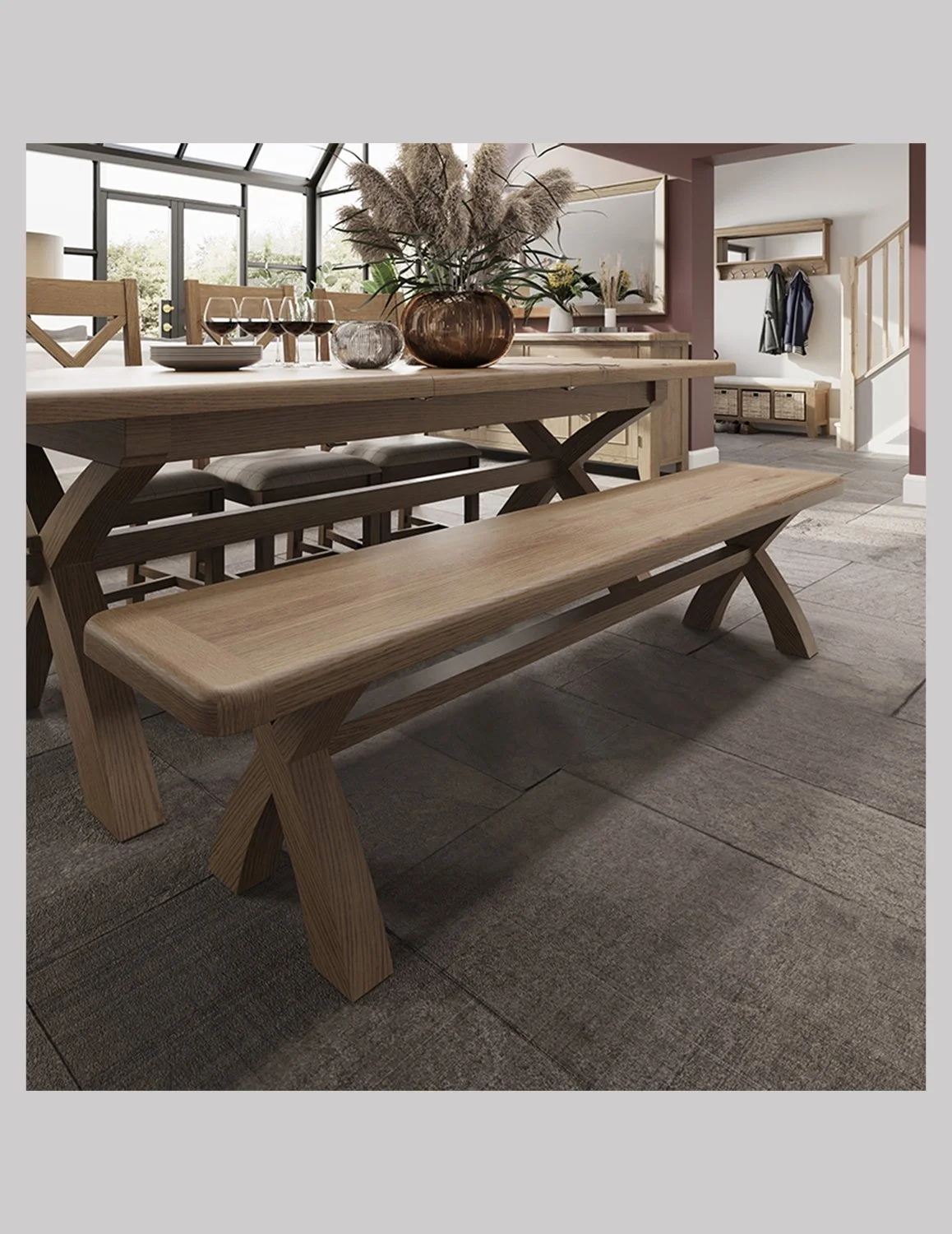 Homestead Smoked Oak Crossed Leg Dining Bench