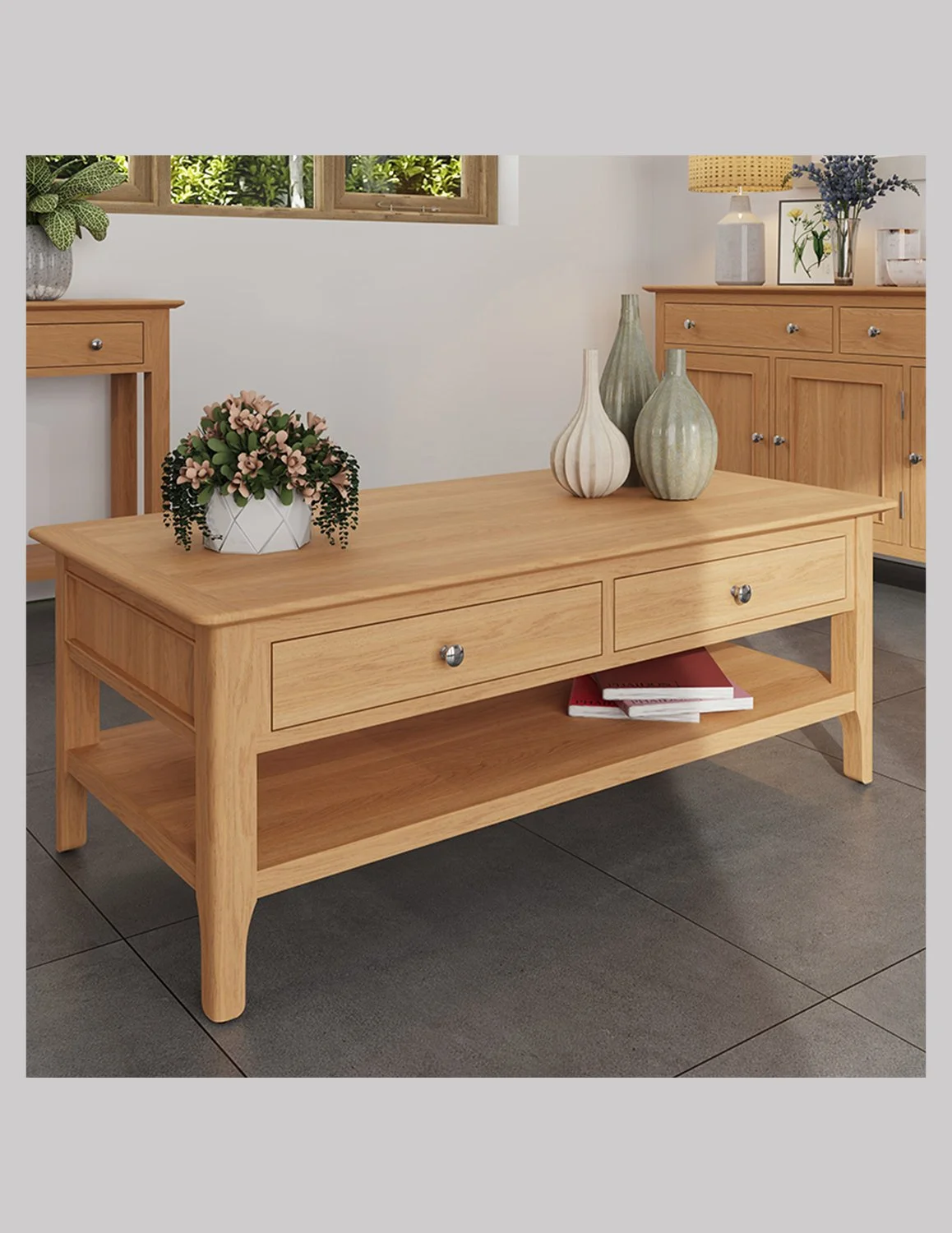 Nordic Oak Large Coffee Table with Shelf and Drawers