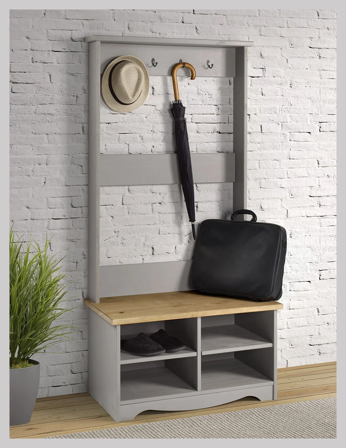 Premium Corona Greywash & Pine Hall Shoe Bench & Coat Rack