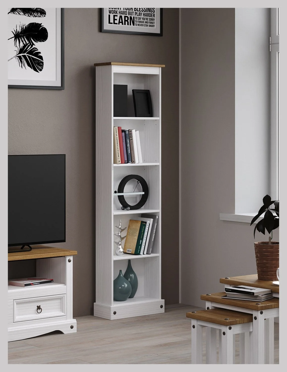 Premium Corona Whitewash & Pine Tall Narrow Bookcase