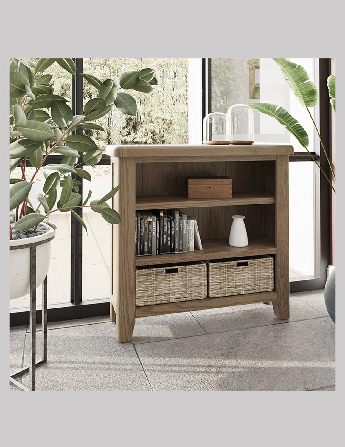 Homestead Smoked Oak Low Wide Bookcase with 2 Shelves and Wicker Drawers