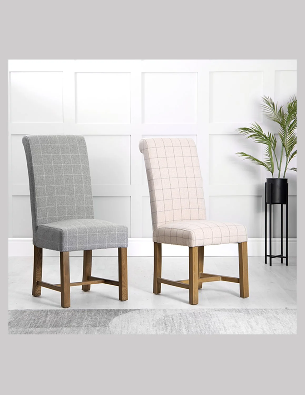 Pair of Scroll Back Grey or Natural Upholstered Dining Chairs with Oak Legs