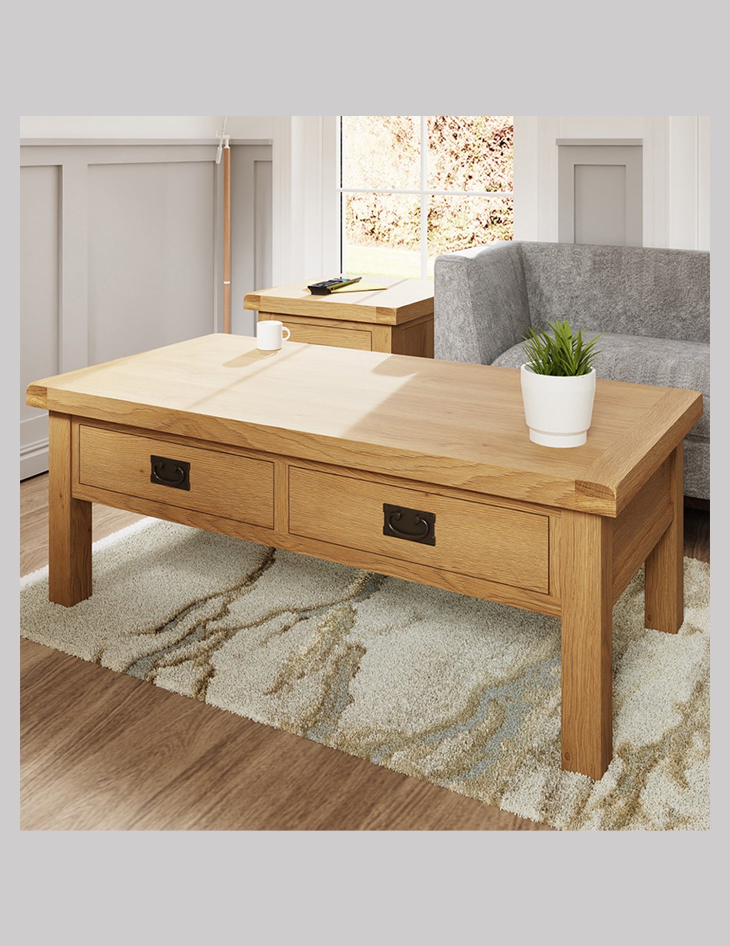 Country Oak Large Coffee Table with Drawers