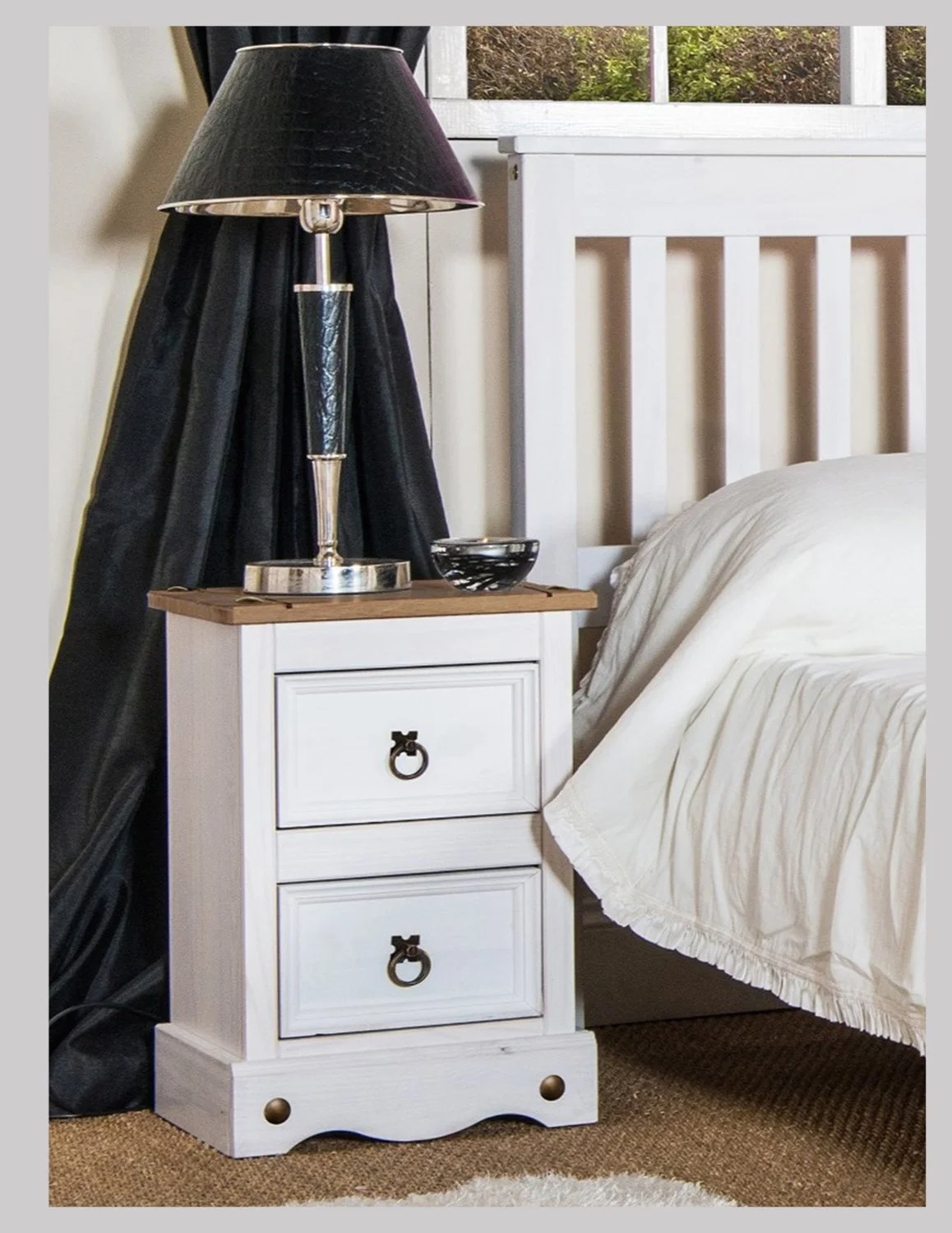 Premium Corona Whitewash & Pine 2 Drawer Petite Bedside Cabinet
