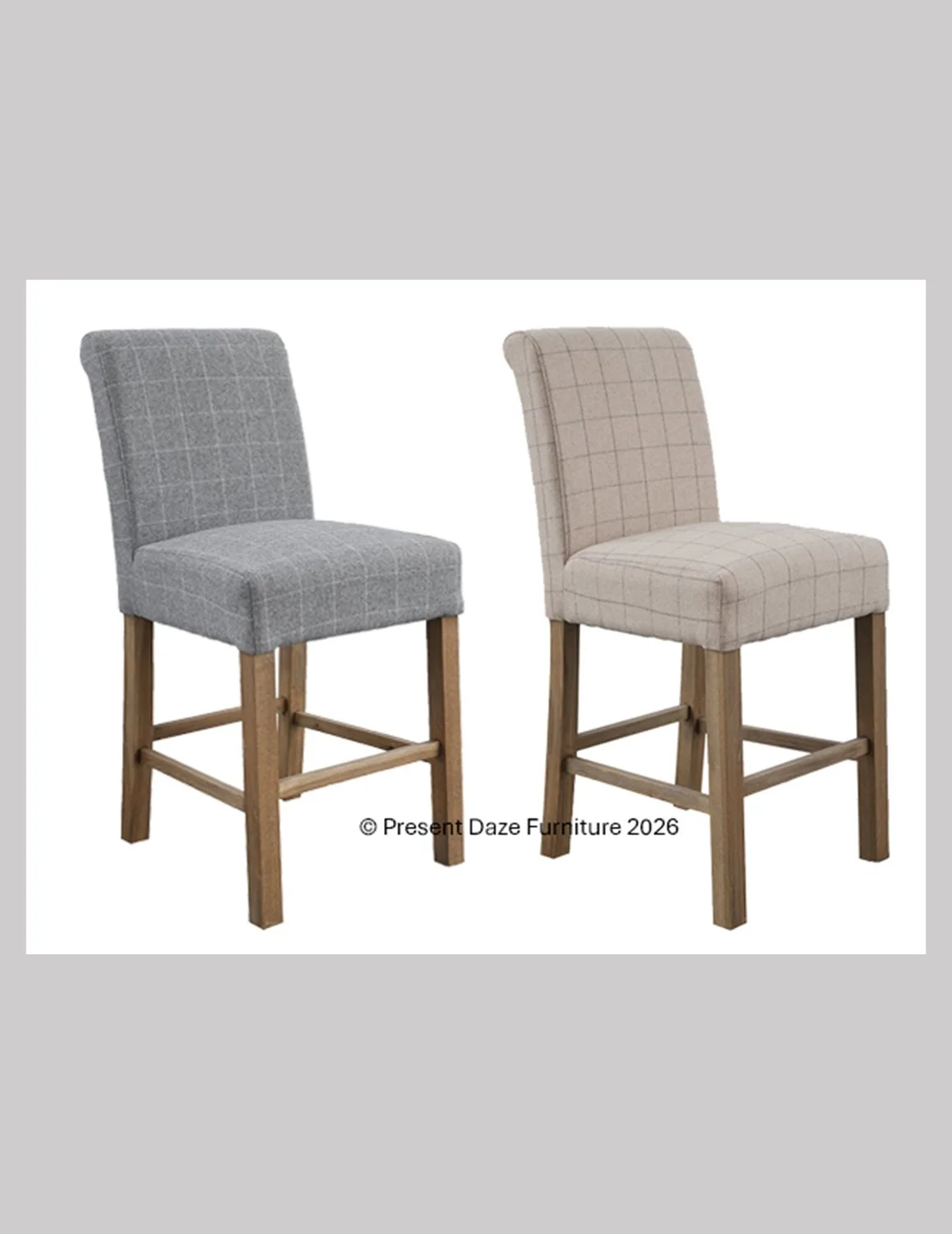 Homestead Bar Stools with Oak Legs and Grey or Natural Check Upholstery