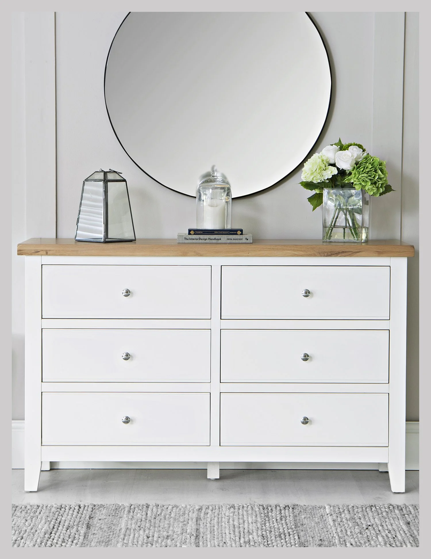 Earnley White & Oak Wide 6 Drawer Chest with Natural Wood Top