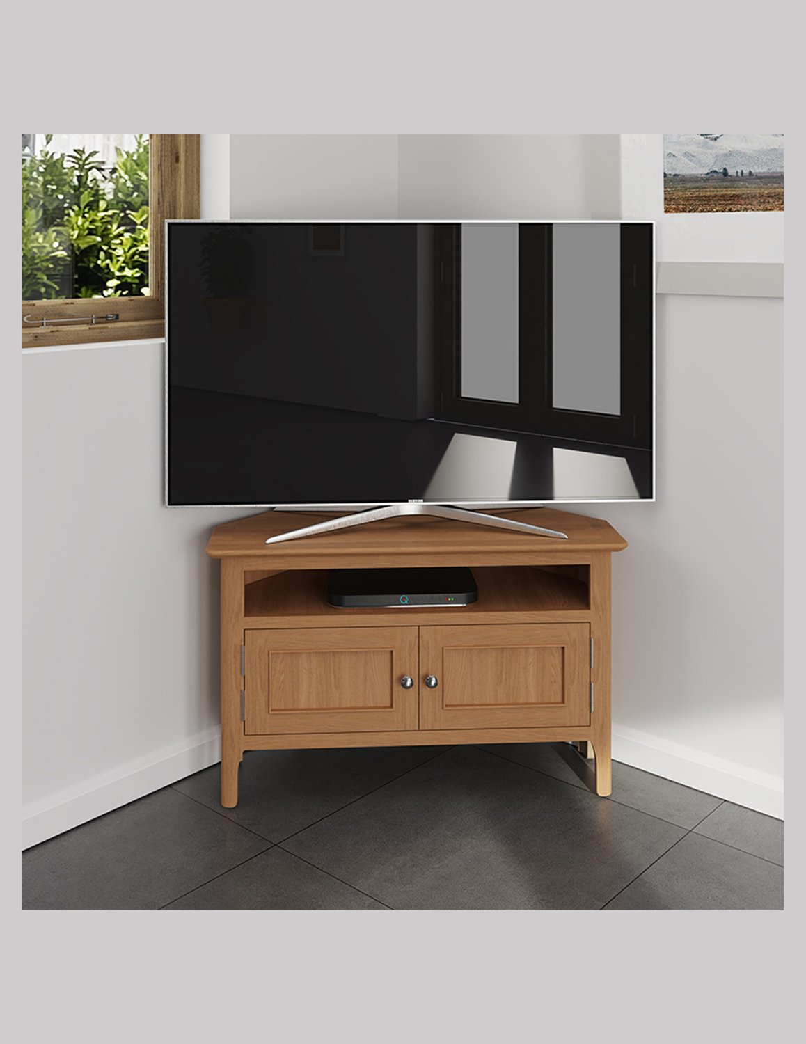 Nordic Oak 2 Door Corner TV Unit with Open Shelf