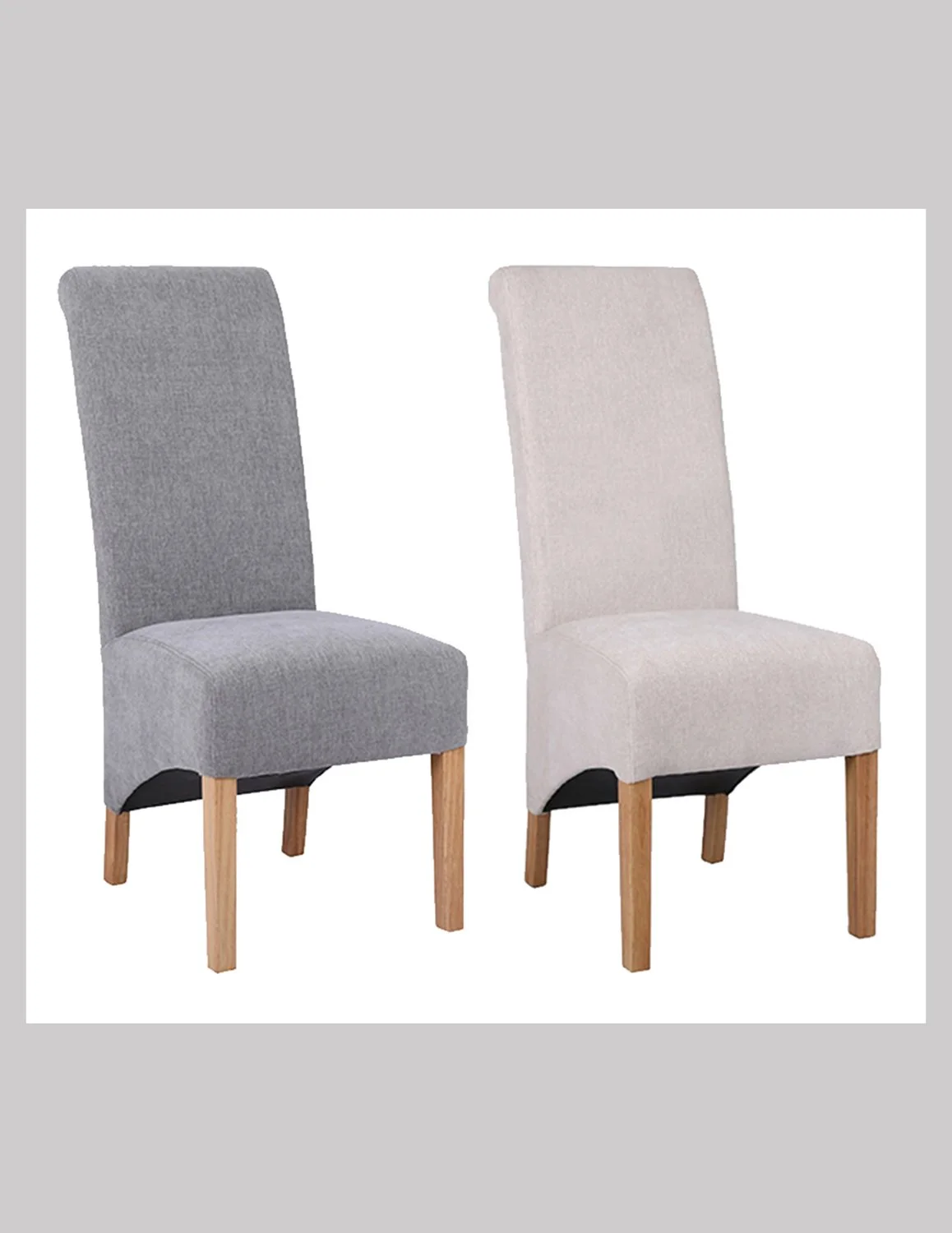 Pair of Upholstered Scroll Back Dining Chairs in Grey or Natural