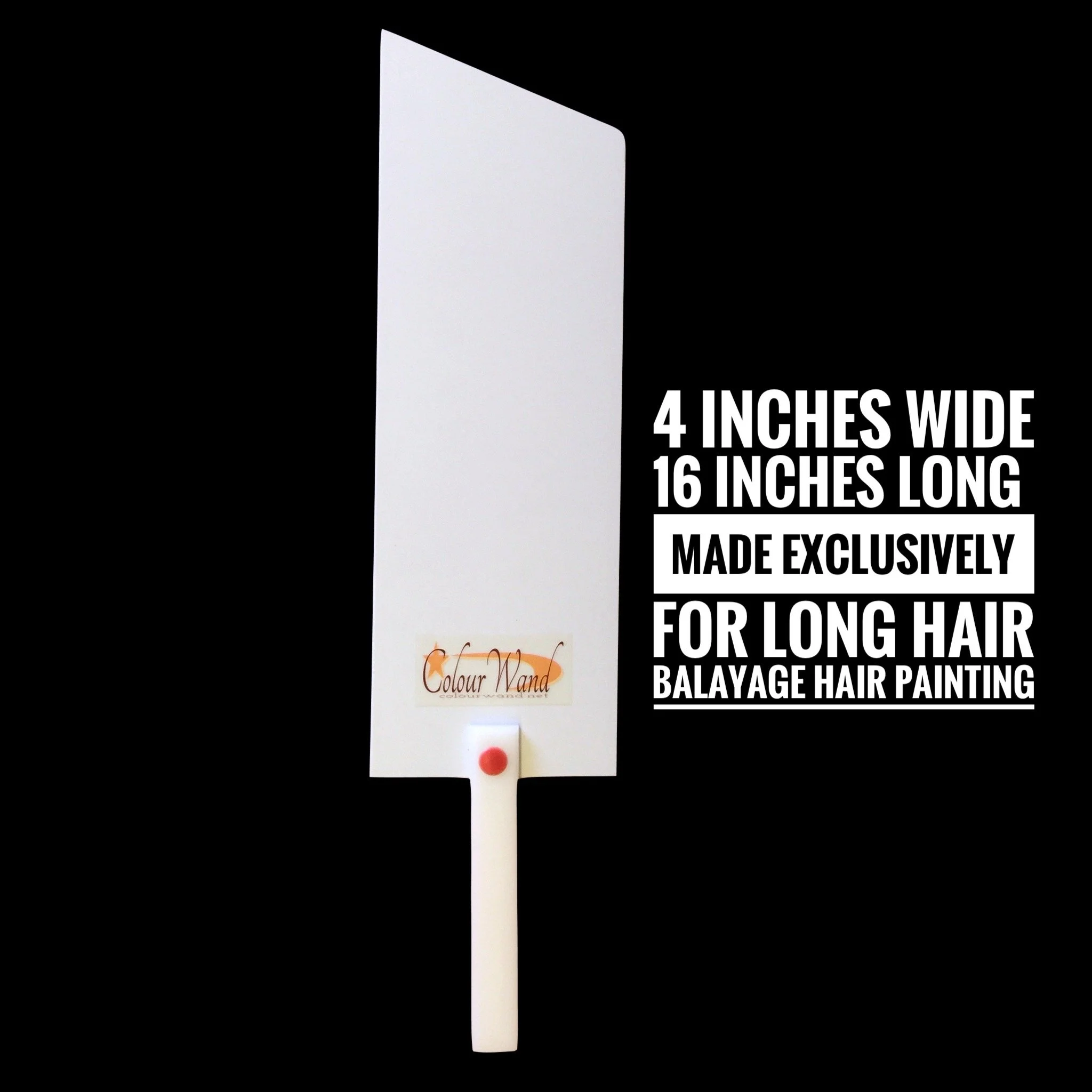 A white hair coloring COLOURWAND with a label that says 'Colour Wand'. Text on the image indicates the spatula is 4 inches wide, 16 inches long, made exclusively for long hair, and used for balayage hair painting.