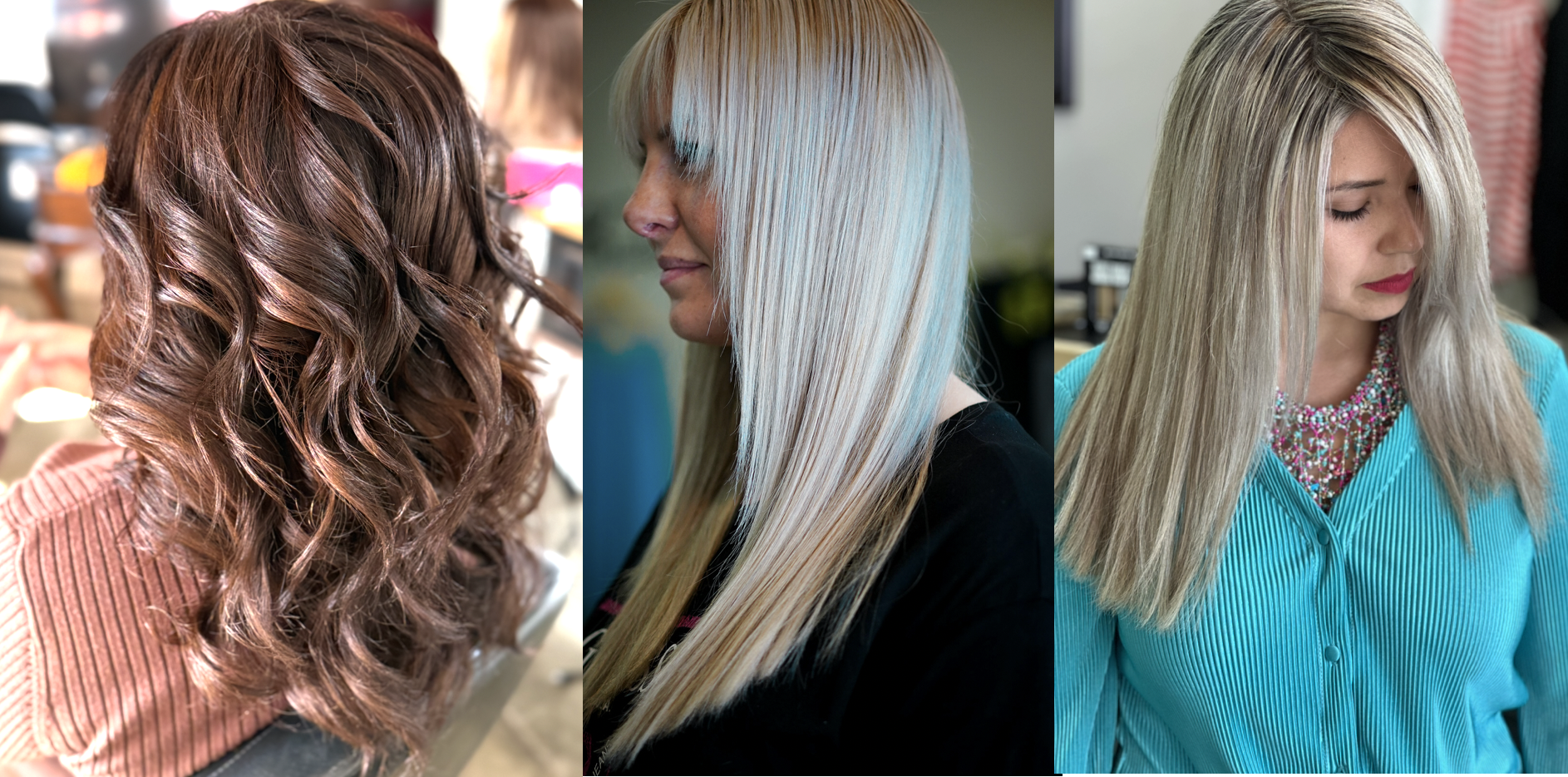 Three women with different hairstyles and hair colors: dark wavy hair, platinum straight hair, and blonde straight hair, by Martin 
Rodriguez