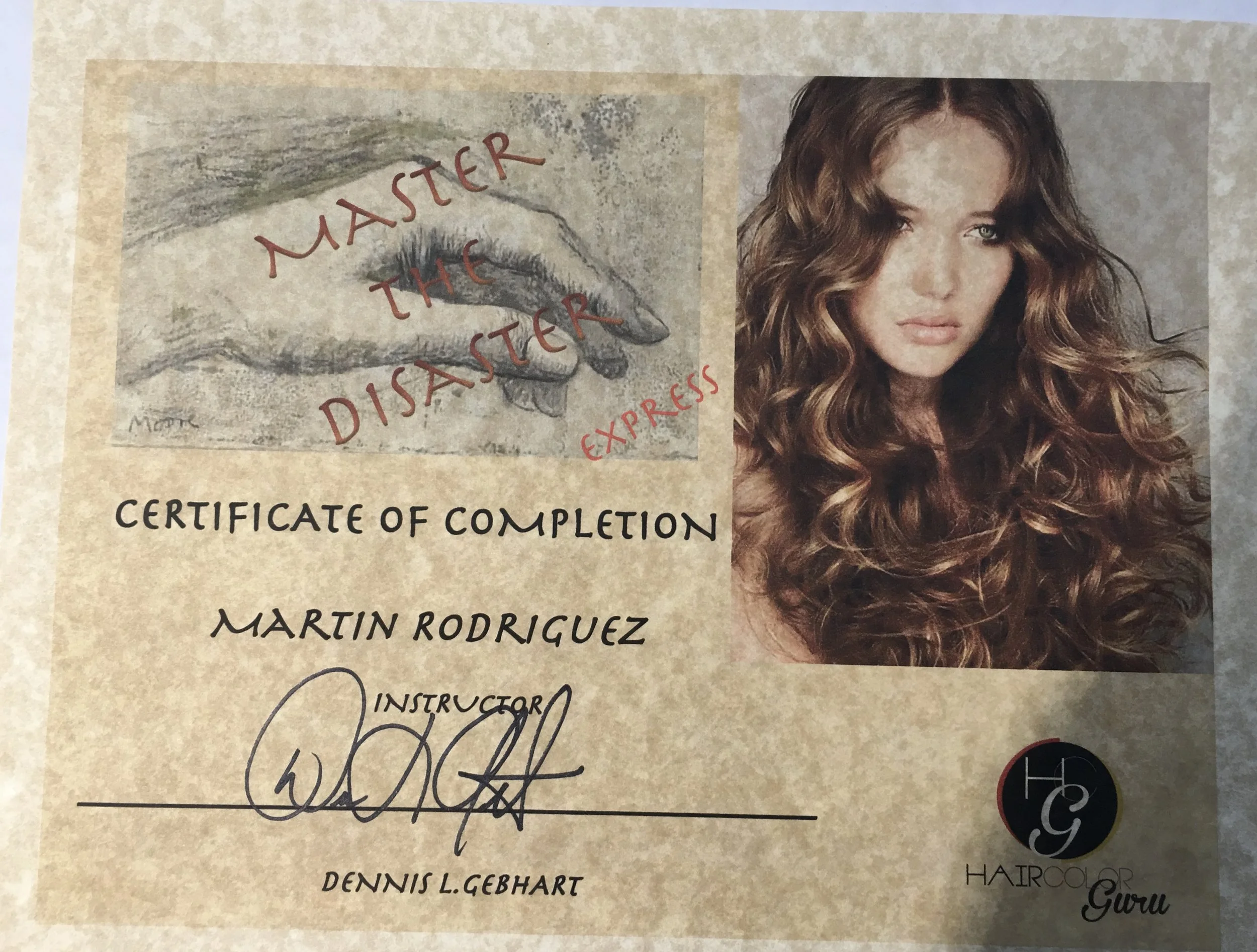 Certificate of completion awarded to Martin Rodriguez, featuring a drawing of a hand with palms together, a photo of a woman with long, curly hair, and the HairColor Guru logo.