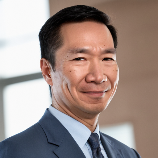 Close-up of a man in a blue suit smiling confidently in an office setting.