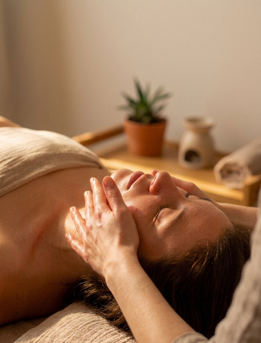 Une personne reçoit un massage relaxant dans un spa ou un centre de bien-être, allongée sur une table de massage, avec une autre personne qui pratique le massage.