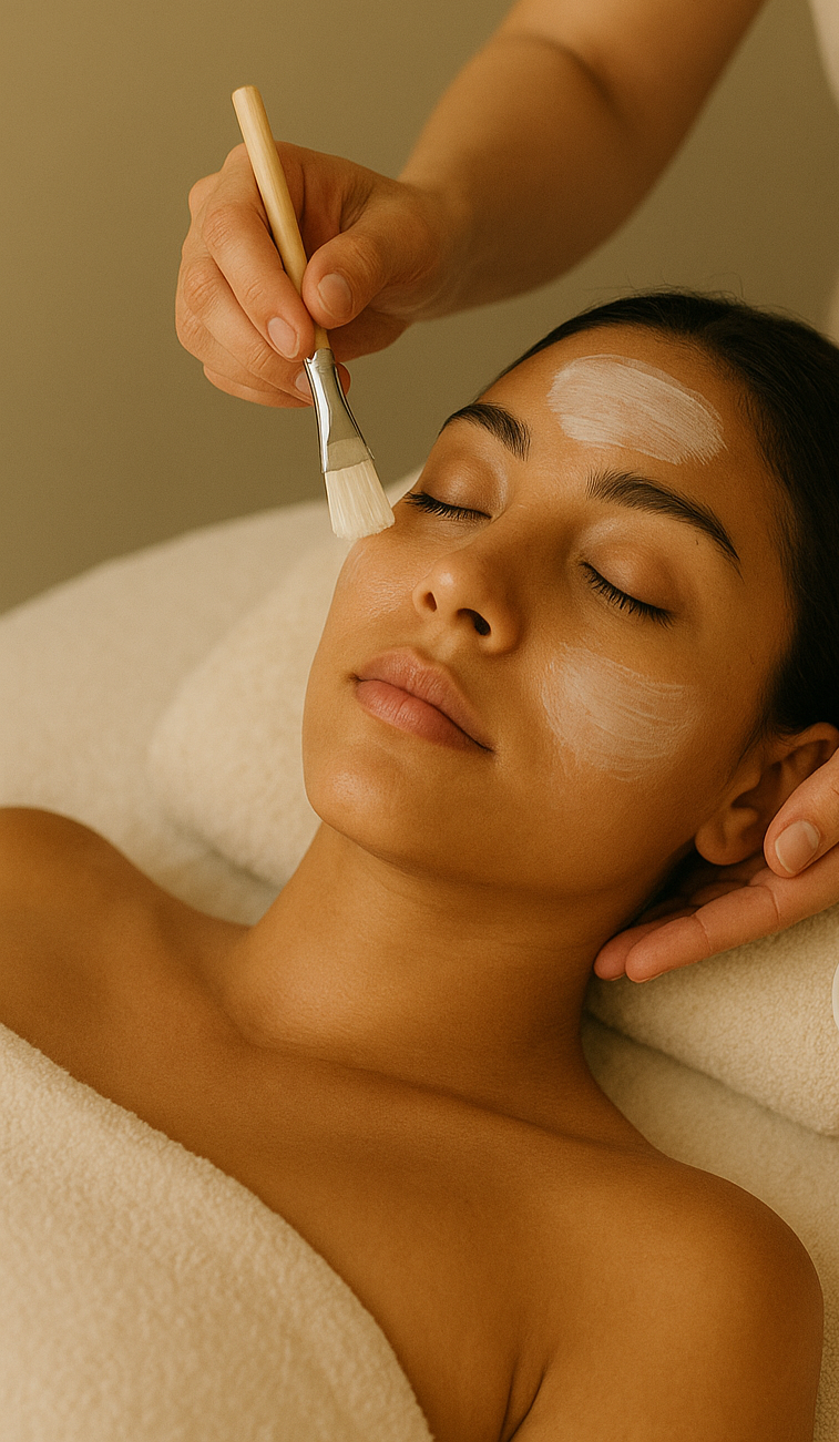 Une femme reçoit un soin du visage, avec une crème appliquée à l'aide d'un pinceau par un praticien