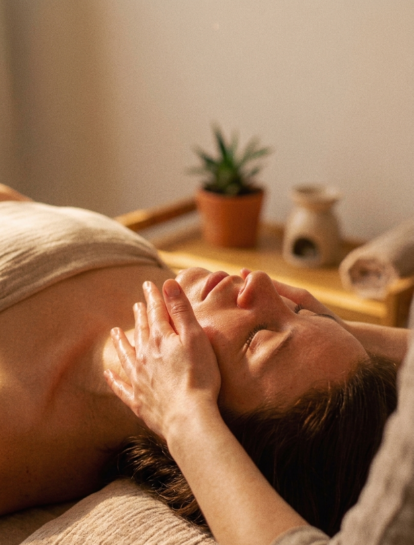 Une femme reçoit un massage facial dans un spa, avec un fond de plantes et d'objets de décoration.