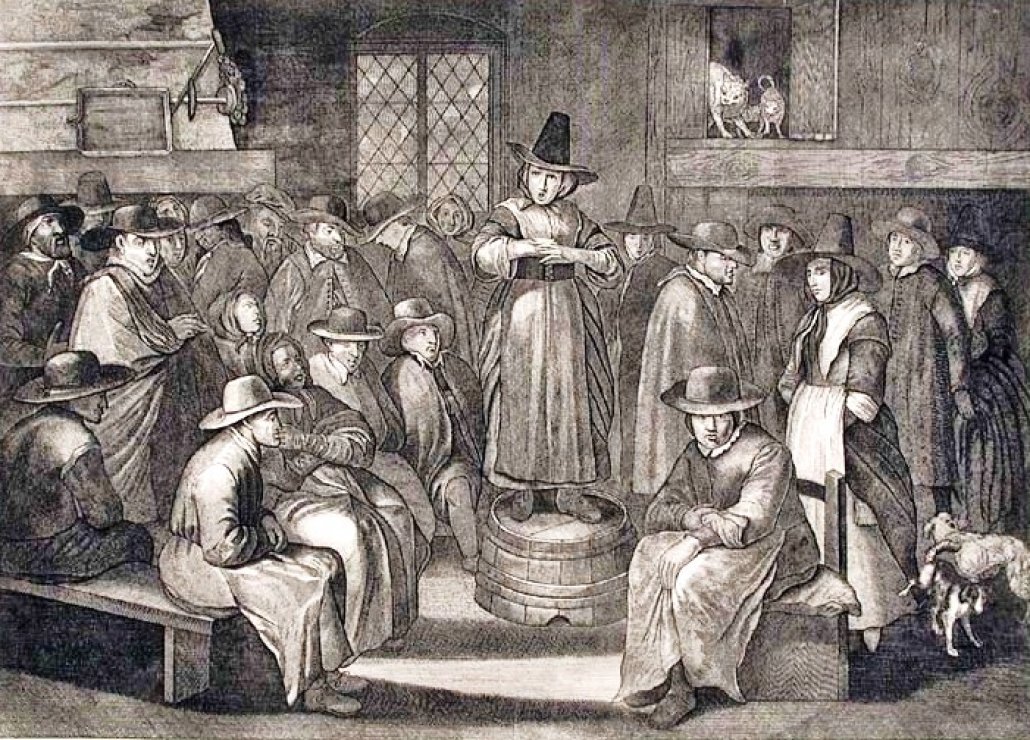 Historic illustration of an early Quaker meeting with Friends gathered for worship and ministry.