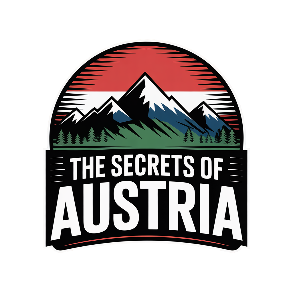 Grafik mit Bergen, Wäldern und Sonnenuntergang, Text: 'The Secrets of Austria'.
