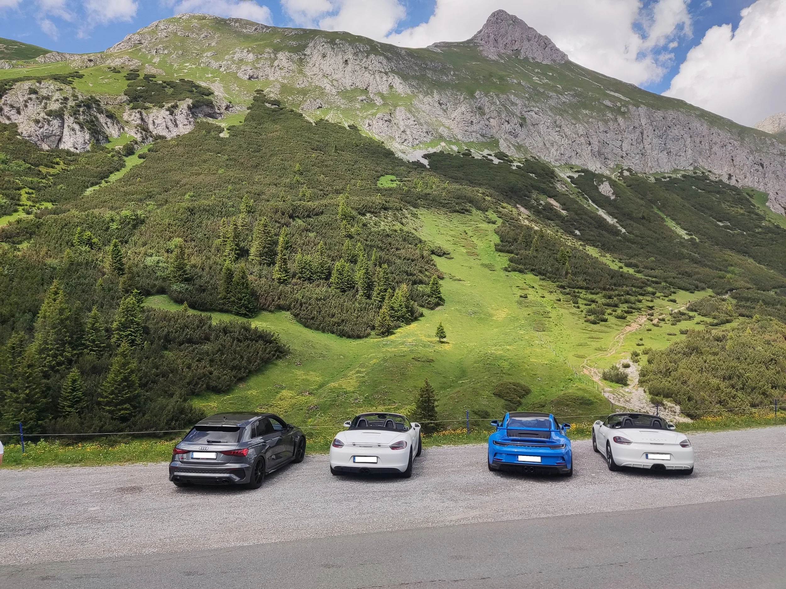 Vier Autos stehen nebeneinander auf einem Parkplatz vor einer grünen, bergigen Landschaft mit Bergen und Bäumen.