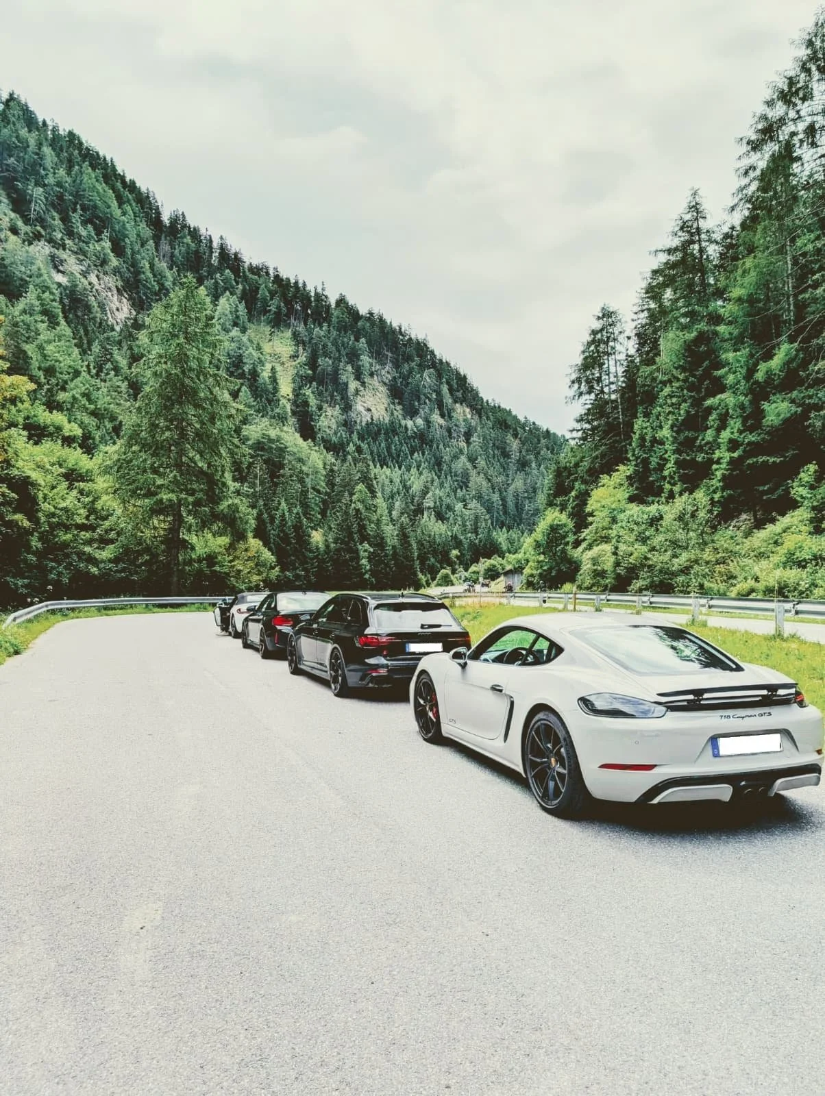 Eine Reihe von schwarzen und weißen Luxusautos, darunter ein Porsche 718 Cayman GTS, parken an einer Kurve in einer bergigen, bewaldeten Gegend.